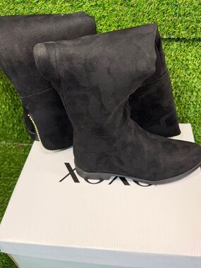 XOXO Tristen Black Over The Knee Boots Faux Suede Beaded Size 6.5 Flat Heel